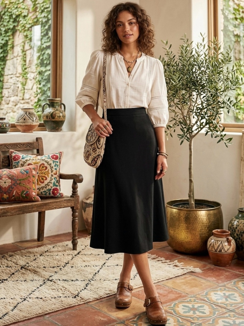 JM Collection Heritage Chic Preppy Classic Black A-Line Midi Skirt 12